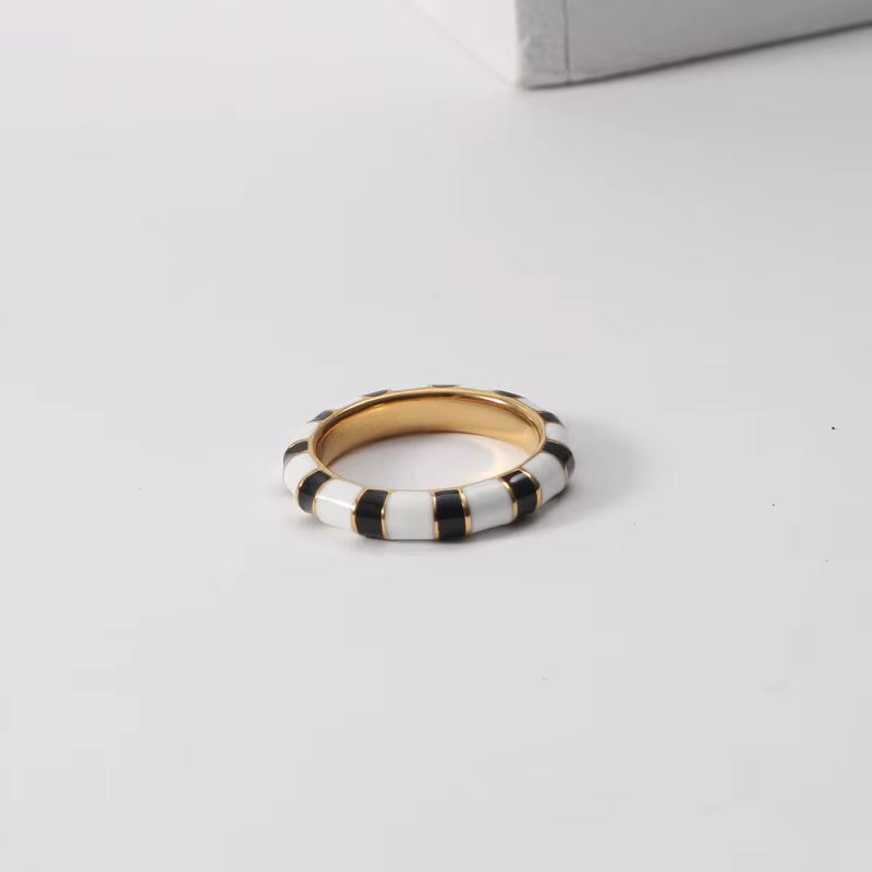 Joolim Jewelry 18K Gold Plated Black White Zebra Enamel Stainless Steel Rings for Women Tarnish Free