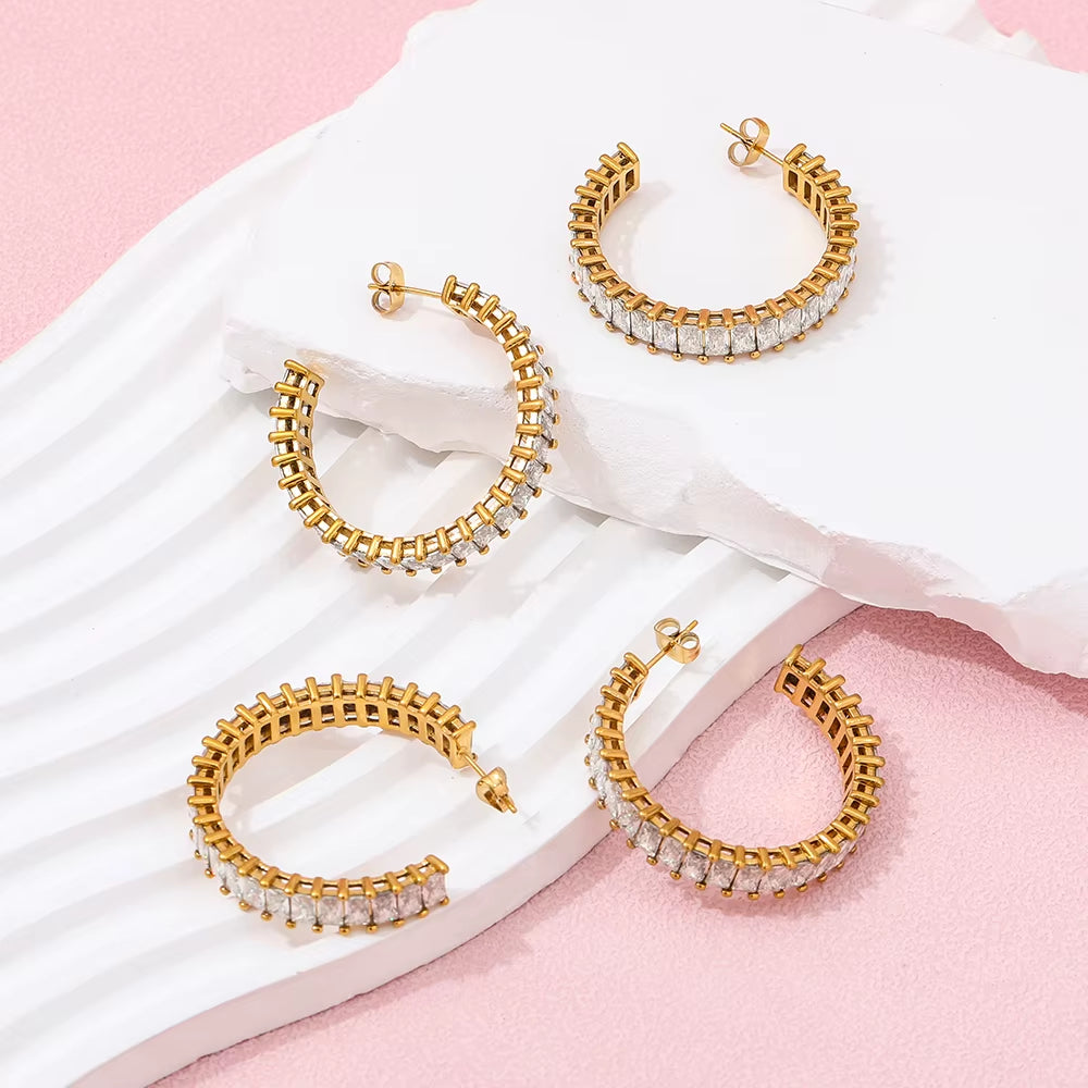 Luxury High Quality CZ Pave Party Chunky Big Crystal Hoop Earring Stainless Steel Jewelry