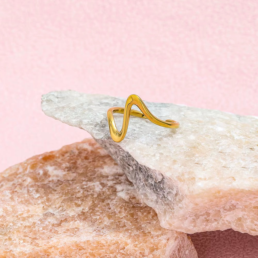 Joolim Jewelry Wholesale 18K Gold Plated Resizable Adjustable Dainty Waved Irregular Lines Stainless Steel Open Ring for Women