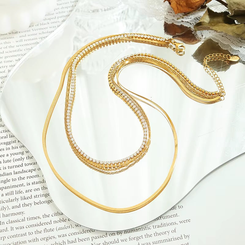 Joolim Jewelry 18K Gold Plated Three Layers Snake Chain Zircon Pave Necklace Stainless Steel Jewelry Wholesale