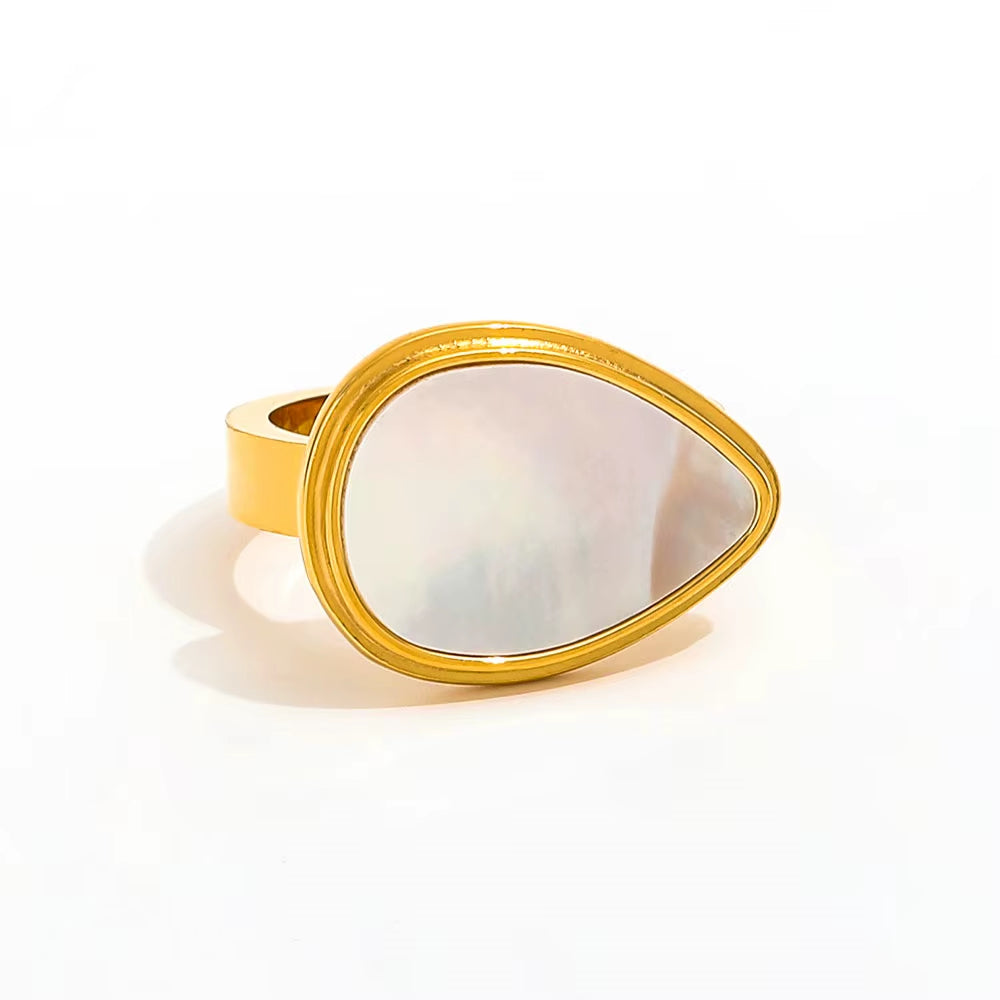 18K PVD Gold Plated White Big Shell Waterdrop Stainless Steel Stamp Ring Trendy Jewelry Wholesale Gift