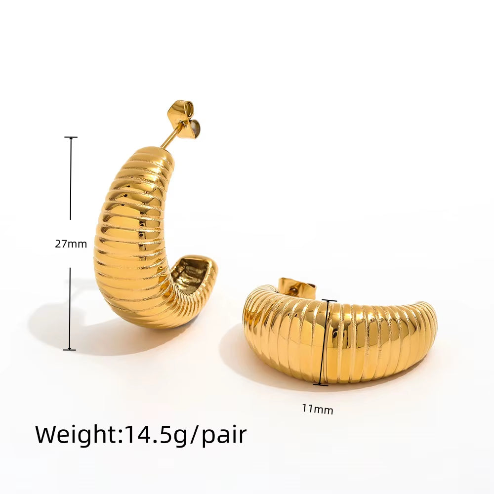 Joolim 18K Gold Plated Wholesale Waterproof Fashion Simple Pleated Pattern C-Shaped Hoop Earring Stainless Steel Jewelry
