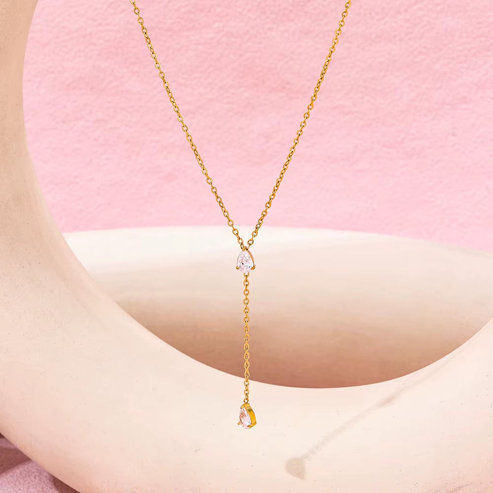 Joolim Jewelry 18K Gold Plated Stainless Steel Necklace Dainty Cubic Double Water Drop Zircon Y Tassel Trendy Parties Gifts