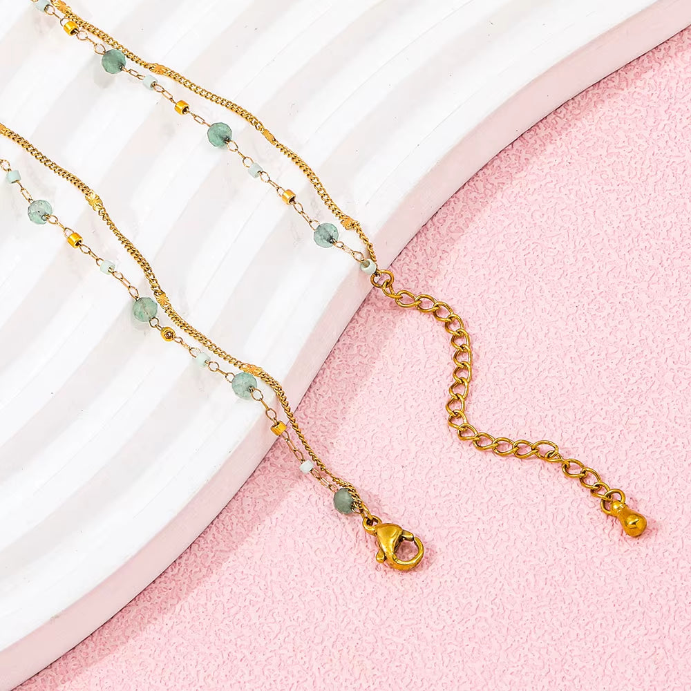 JOOLIM High End Stainless Steel Green Natrual Stone Double Layer Necklace 18K Gold Plated Jewelry Wholesale