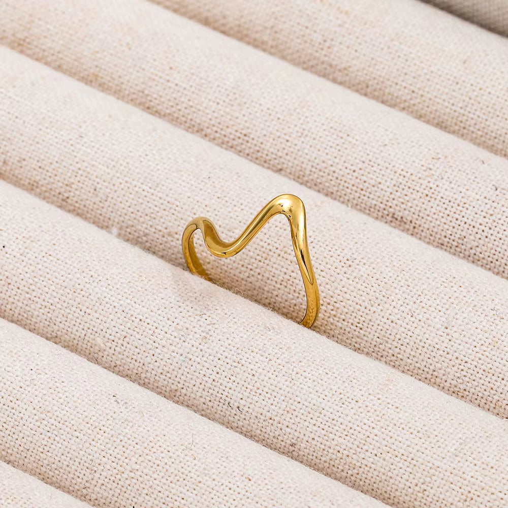 Joolim Jewelry Wholesale 18K Gold Plated Resizable Adjustable Dainty Waved Irregular Lines Stainless Steel Open Ring for Women