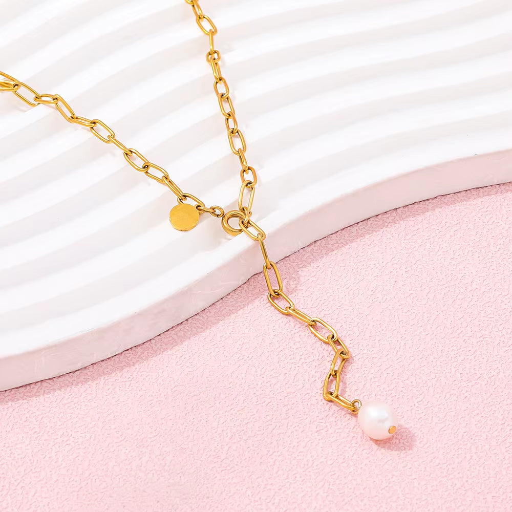 Joolim Jewelry 18K Gold Plated Fresh Water Pearl Pendant Adjustable Necklace Trendy Paper Pin Chain Stainless Steel Wholesale
