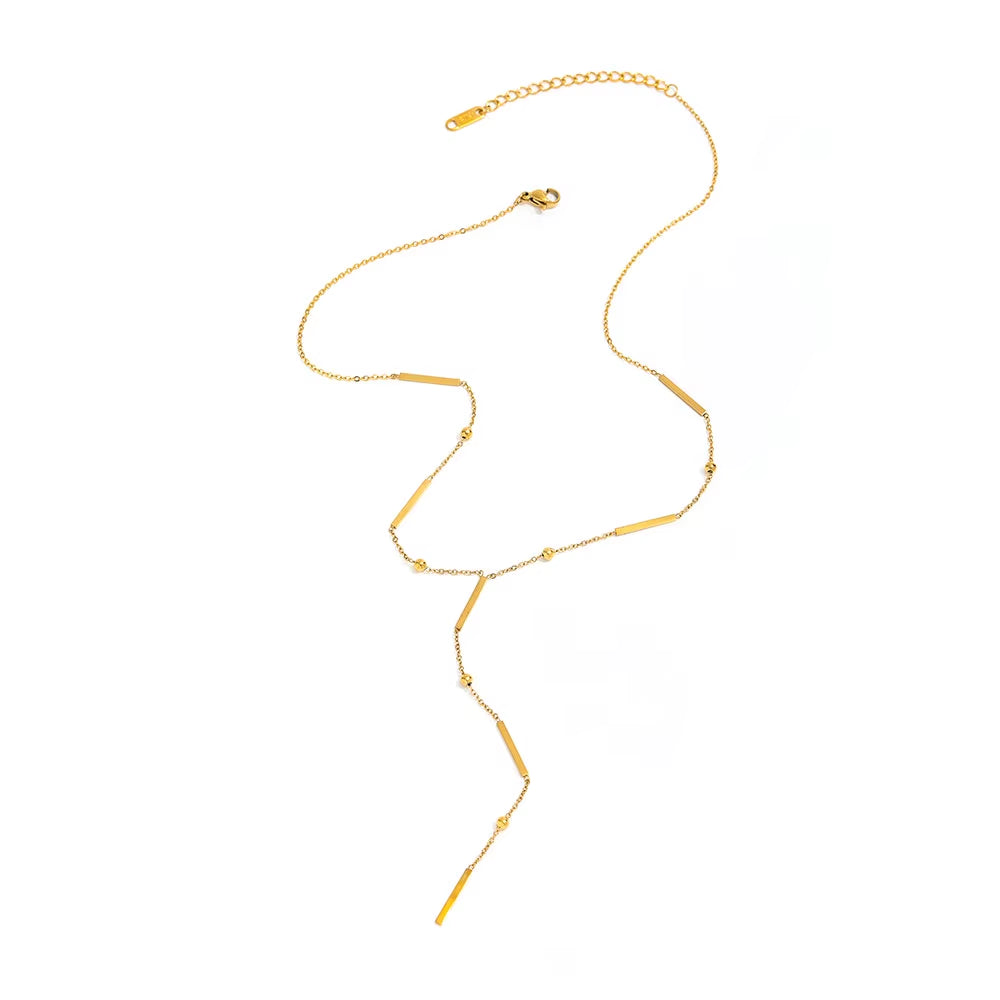 Joolim Jewelry Dainty Square Bar Bead Y Tassel Pendant Necklace 18K Gold Plated Stainless Steel Trendy Necklace