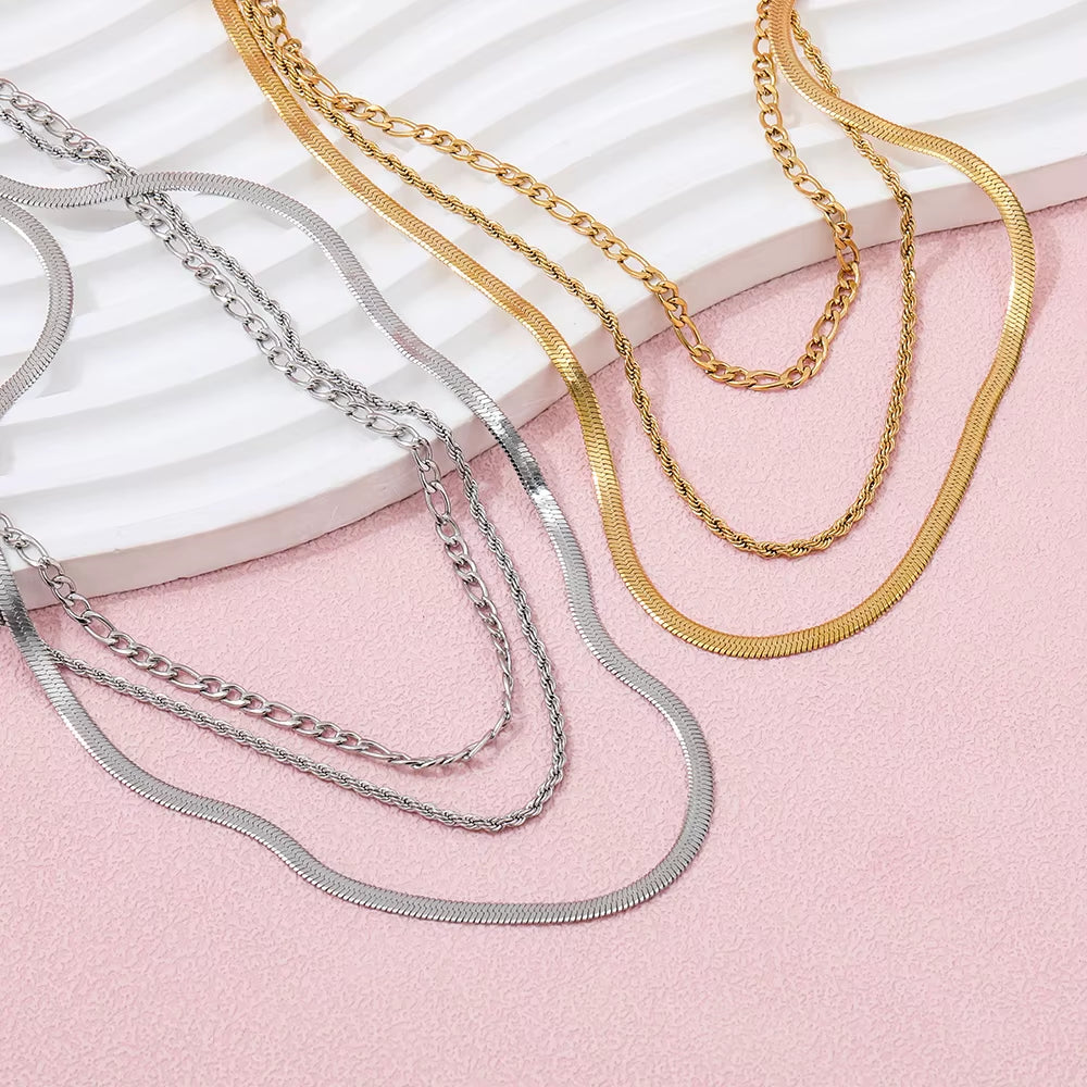 Joolim Jewelry Gold Plated Figaro Chain Rope Chain Snake Chain Three Layer Necklace Stainless Steel Jewelry Wholesale