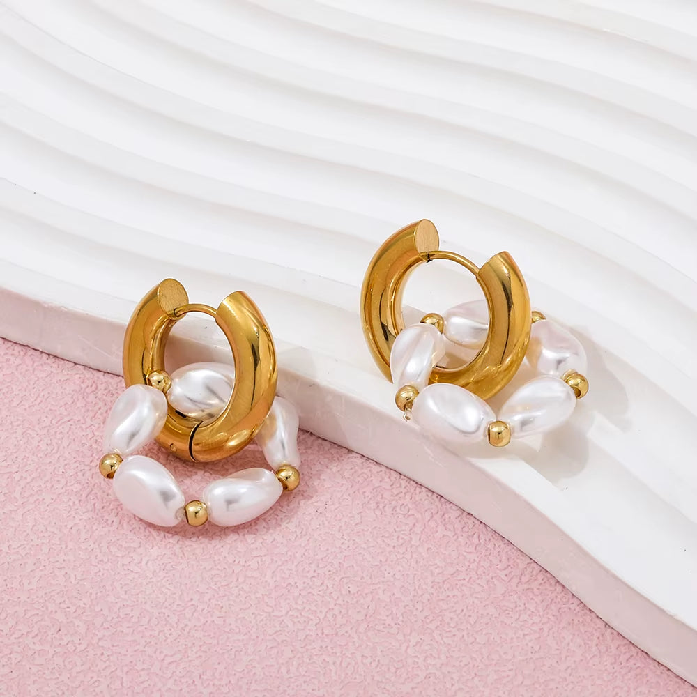 High End PVD 18K Gold Plated Waterproof Pearl String Pendant Chunky Huggie Earrings Stainless Steel Jewelry Wholesale