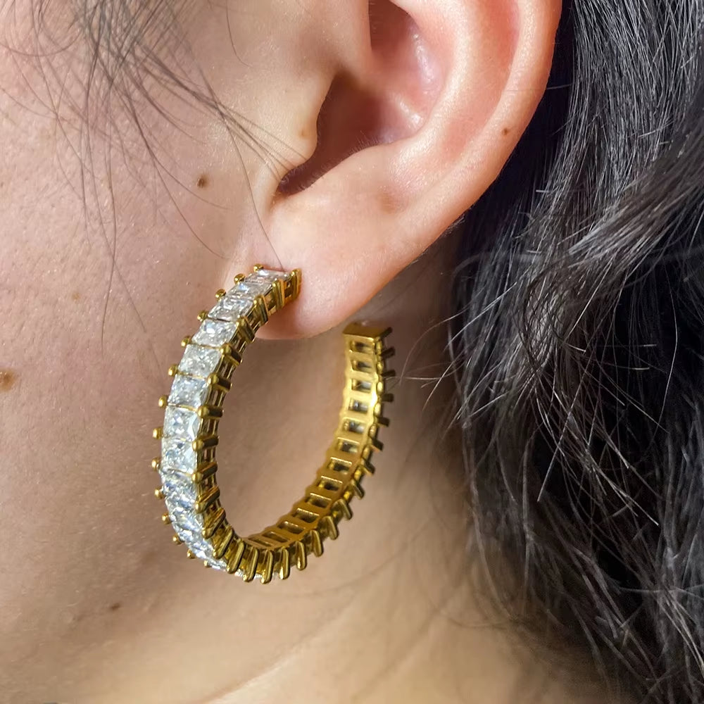 Luxury High Quality CZ Pave Party Chunky Big Crystal Hoop Earring Stainless Steel Jewelry