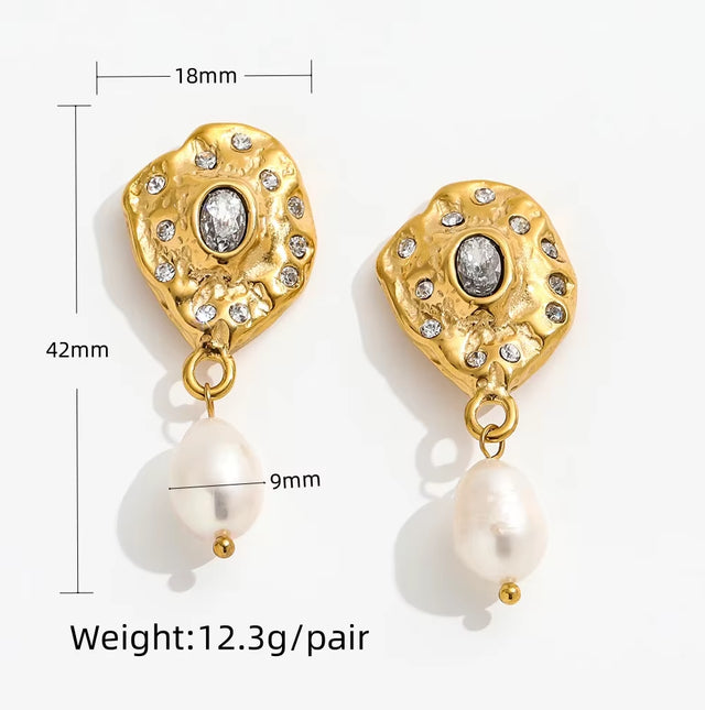Trendy Earring 18K Gold Plated Zirconia Pave Fresh Water Pearl Pendant Stud Earring Stainless Steel Earrings Wholesale