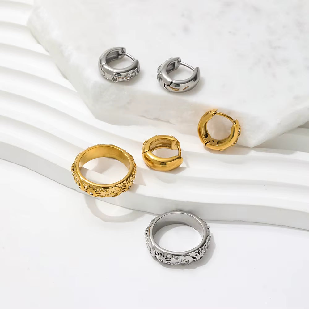 Joolim JLR0131 High-End 18K Gold Plated Cubic Zirconia Stainless Steel Rings Antique Vintage Retro Style Moon Star Trendy