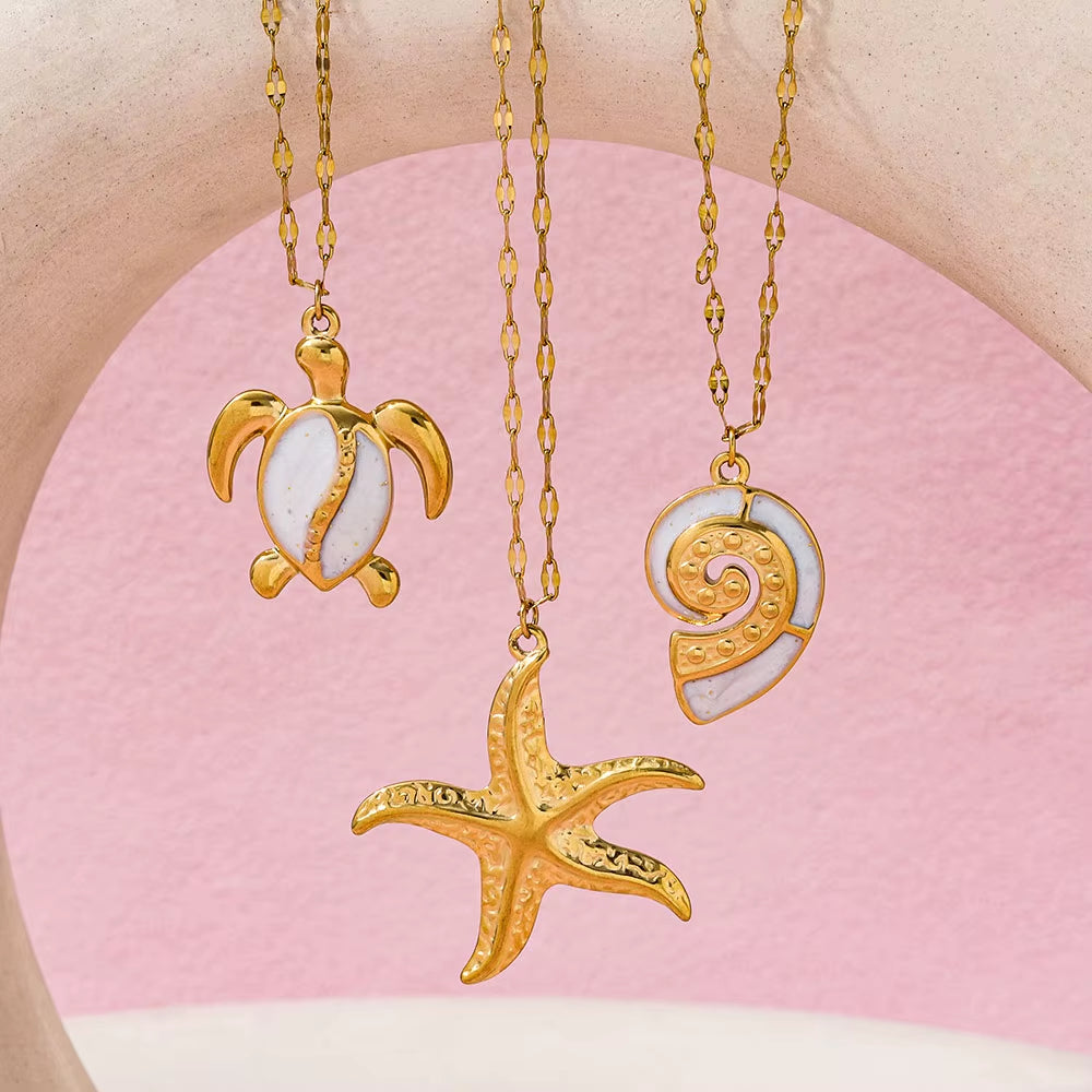 Joolim Jewelry 18K Gold Plated Starfish Sea Snail Turtle Enamel Pendant Necklace Trendy Tarnish Free Gift