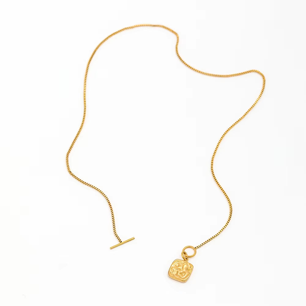 High End 18K Gold Plated Texture Toggle Square Pendant Necklace Stainless Steel PVD Plated Jewelry Trendy Jewelry Women Gift