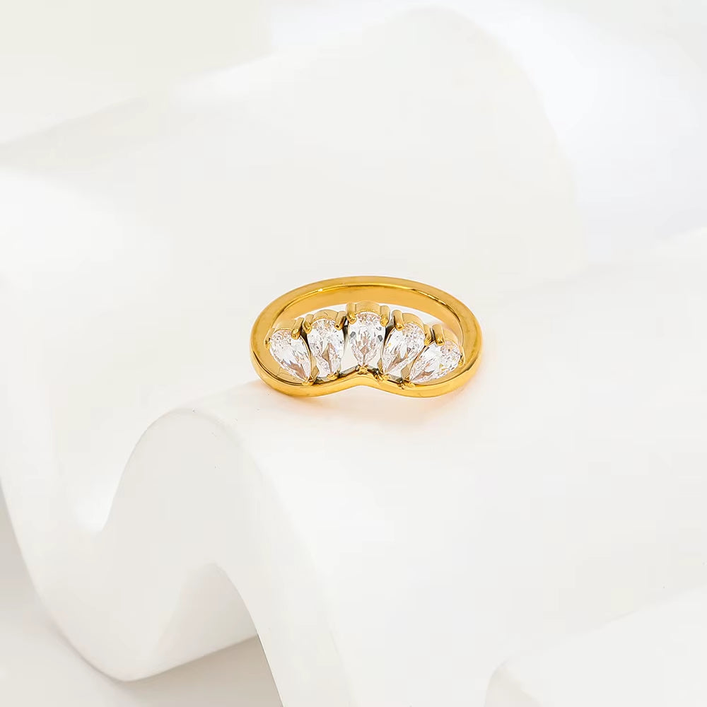 Joolim Jewelry Wholesale High End PVD Waterproof&No Fade Fashion Designer Teardrop Zirconia Pave Stainless Steel Ring for Women