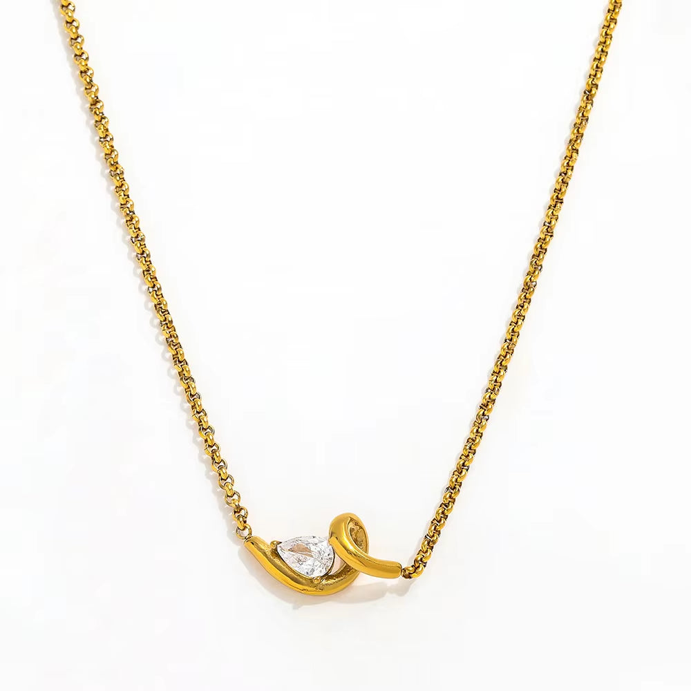 High-End 18K Gold Plated Stainless Steel Twist Waterdrop Zircon Pendant Necklace for Anniversary Occasions
