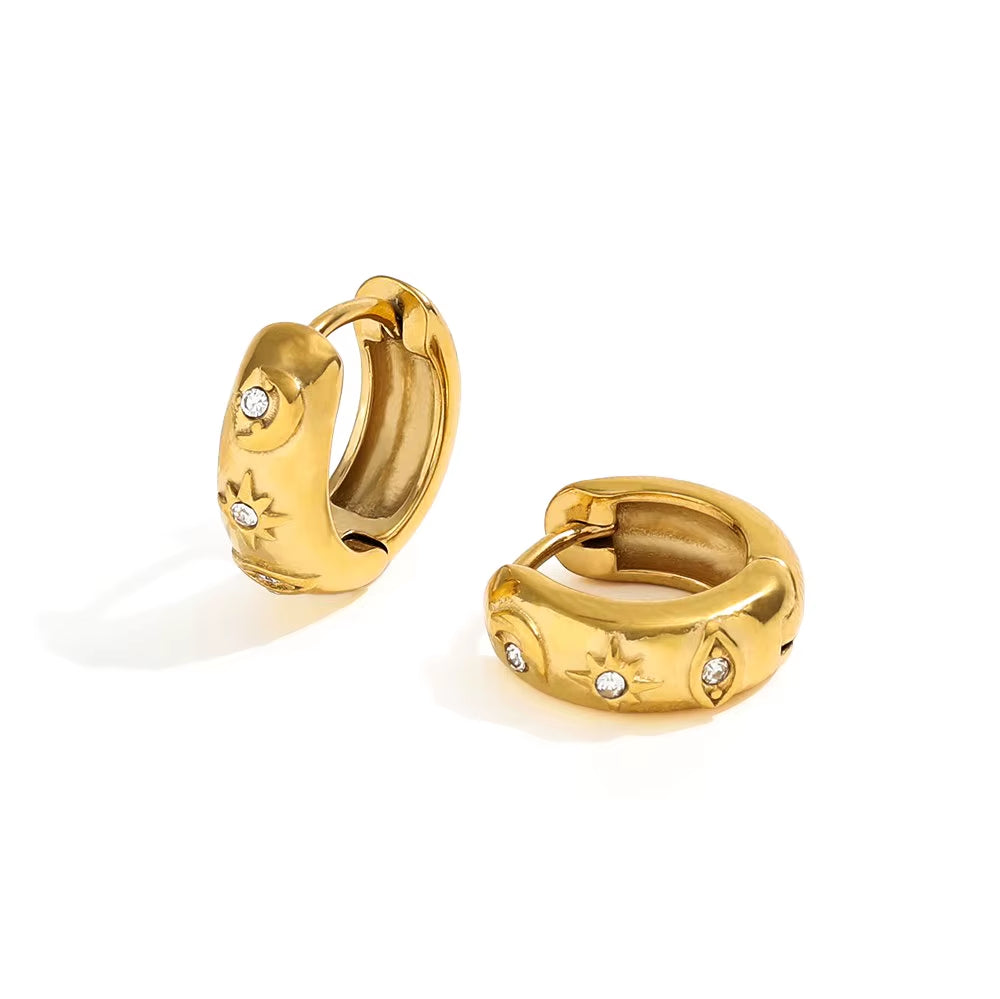 New Trendy Earring 18K Gold Plated Dainty CZ Moon Star Eye Stainless Steel Hoop Earrings for Women