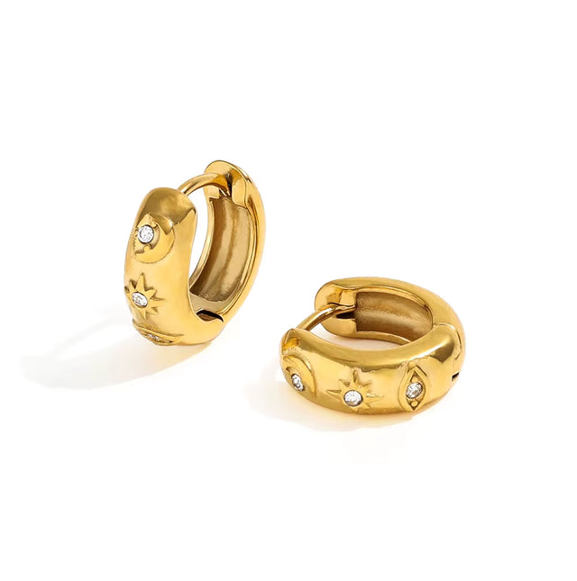 New Trendy Earring 18K Gold Plated Dainty CZ Moon Star Eye Stainless Steel Hoop Earrings for Women