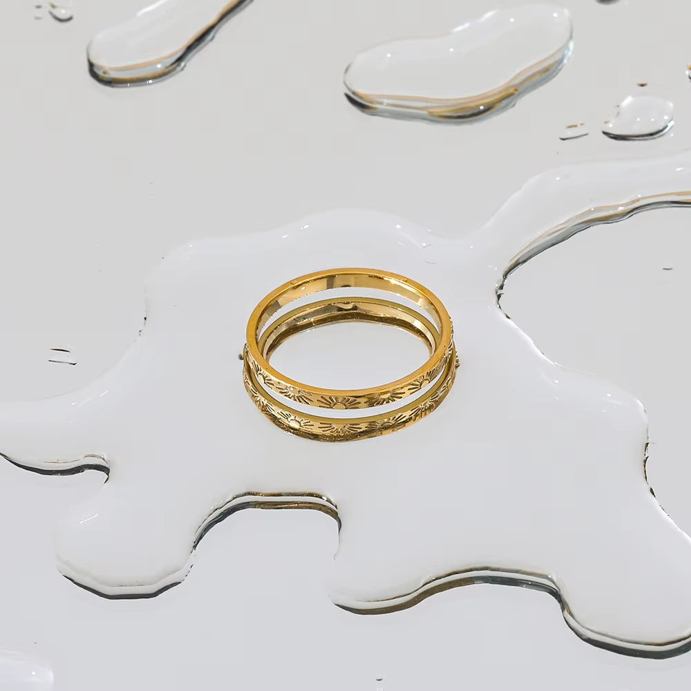 Joolim Jewelry Wholesale 18K Gold Plated Sun Burst Narrow Band Stainless Steel Ring for Women Statement Ring