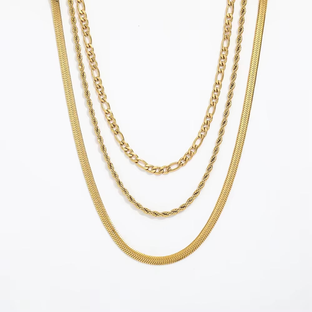 Joolim Jewelry Gold Plated Figaro Chain Rope Chain Snake Chain Three Layer Necklace Stainless Steel Jewelry Wholesale
