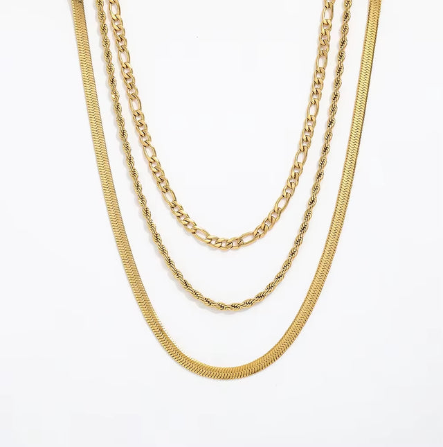 Joolim Jewelry Gold Plated Figaro Chain Rope Chain Snake Chain Three Layer Necklace Stainless Steel Jewelry Wholesale
