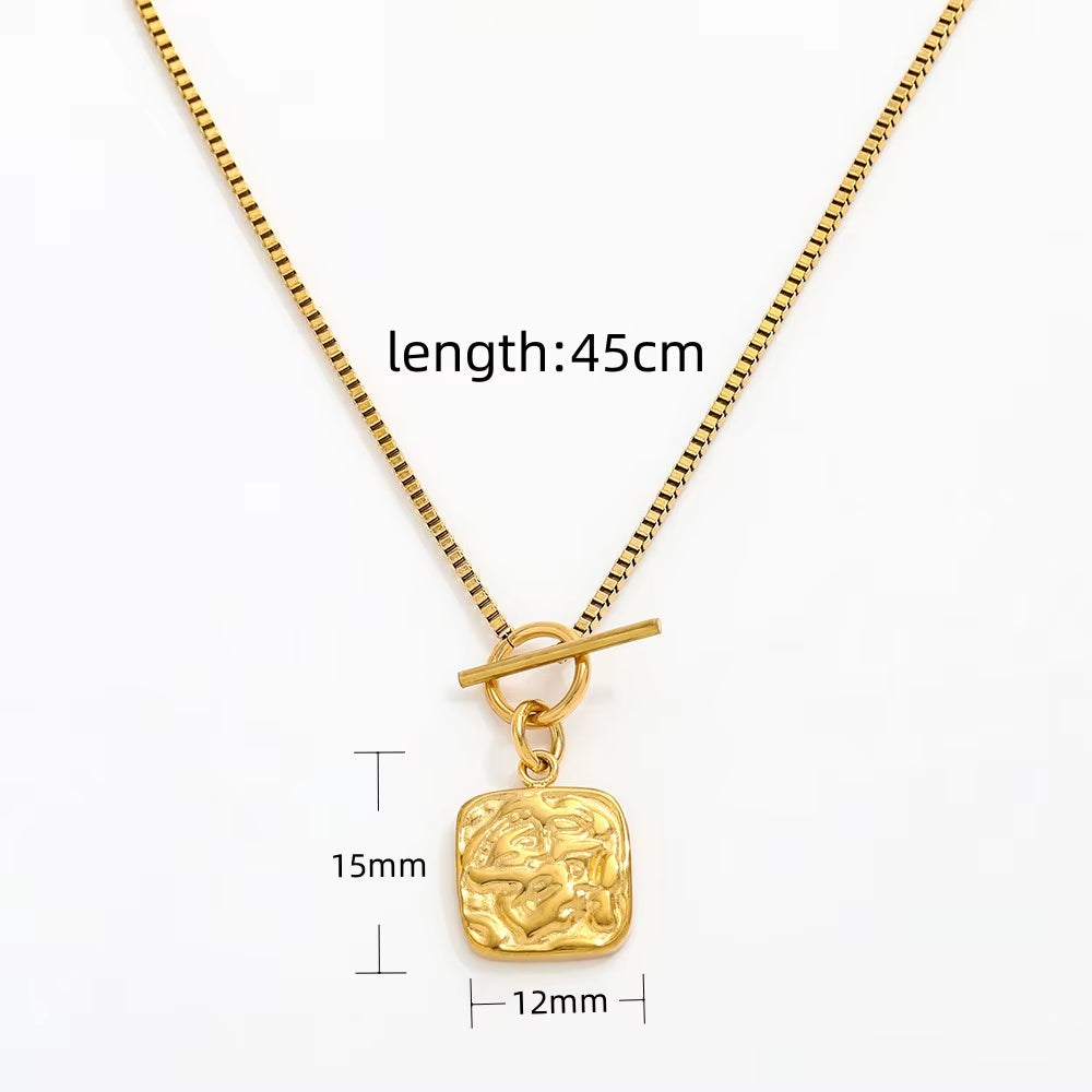 High End 18K Gold Plated Texture Toggle Square Pendant Necklace Stainless Steel PVD Plated Jewelry Trendy Jewelry Women Gift