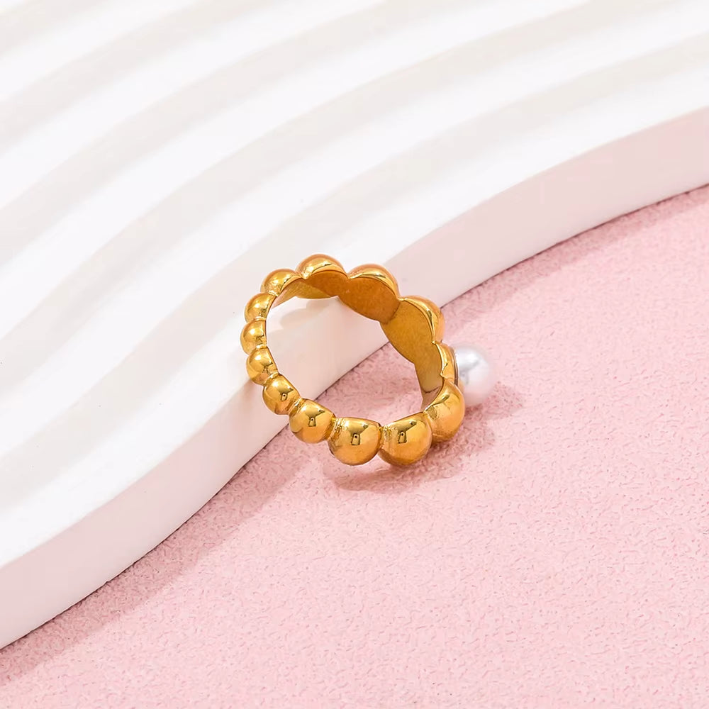 High End 18K Gold Plated One Pearl Bead Gradient Bubble Rings Stainless Steel Jewelry Trendy Finger Ring