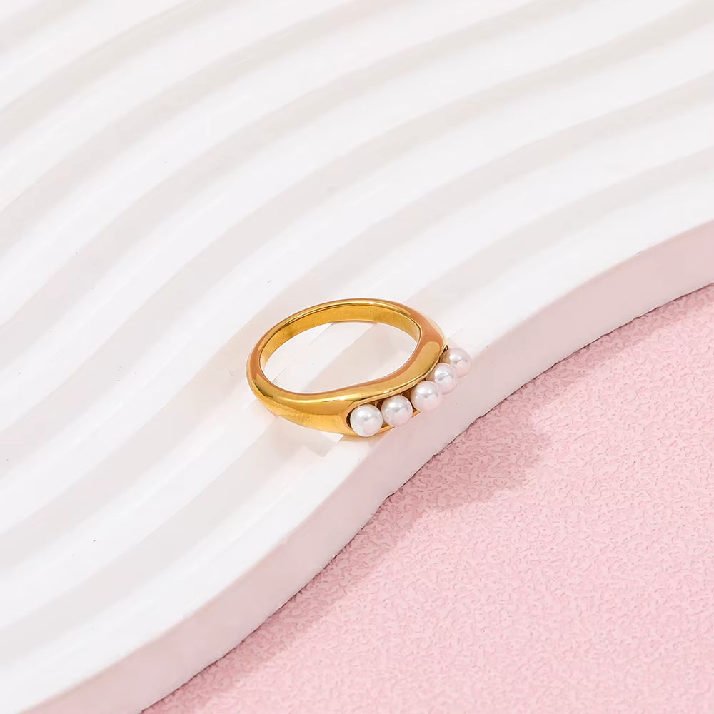 Joolim Jewelry Wholesale 18K Gold Plated Dainty Little Fresh Water Pearl Stainless Steel Rings for Women Statement Rings