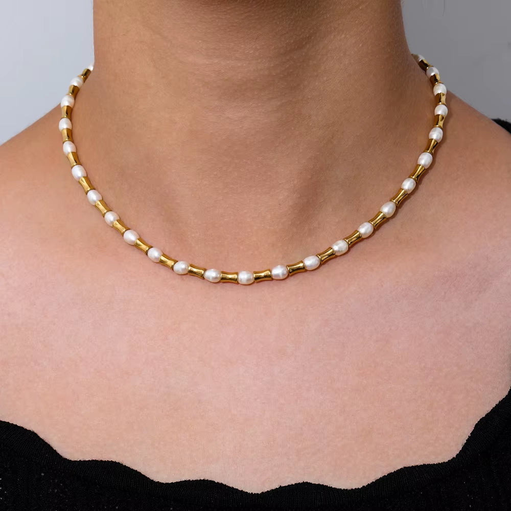 Joolim Jewelry 18K Gold Plated Freshwater Pearl Slim Waist Mixed Necklace Stainless Steel Jewelry Wholesale