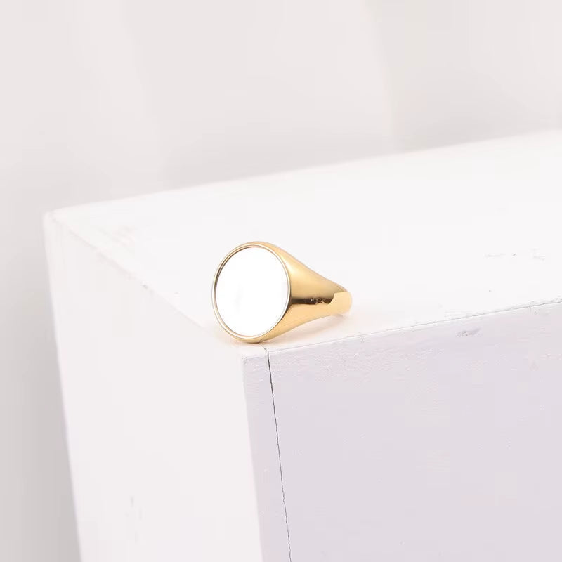 Joolim High End 18K Gold Plated Stainless Steel round Shell Statement Stamp Band Rings for Women Finger Ring Wholesale 16Mm