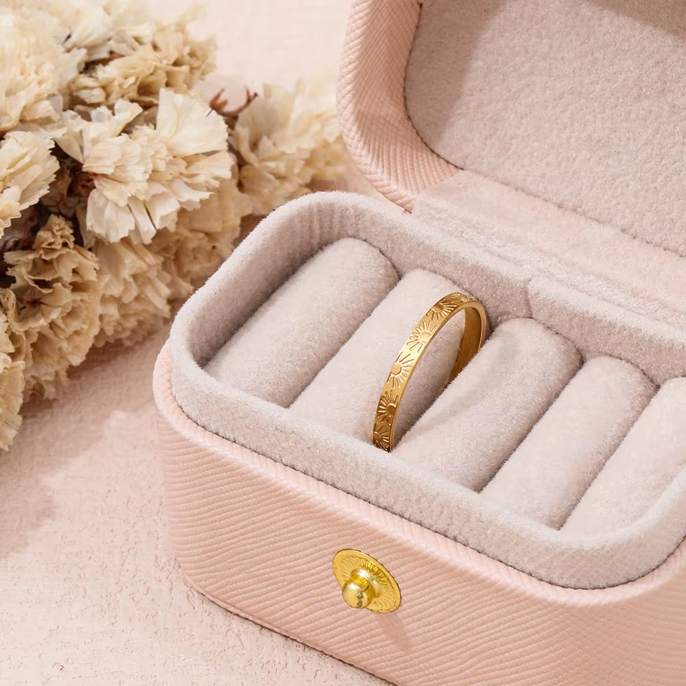 Joolim Jewelry Wholesale 18K Gold Plated Sun Burst Narrow Band Stainless Steel Ring for Women Statement Ring