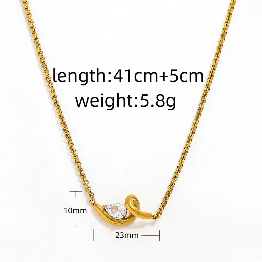 High-End 18K Gold Plated Stainless Steel Twist Waterdrop Zircon Pendant Necklace for Anniversary Occasions