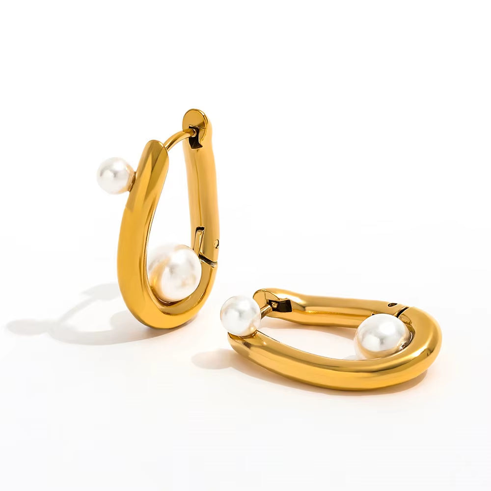 Joolim 18K Gold Plated Wholesale Waterproof Fashion Elegant Irregular U-Shaped Pearl Huggie Earring Stainless Steel Jewelry