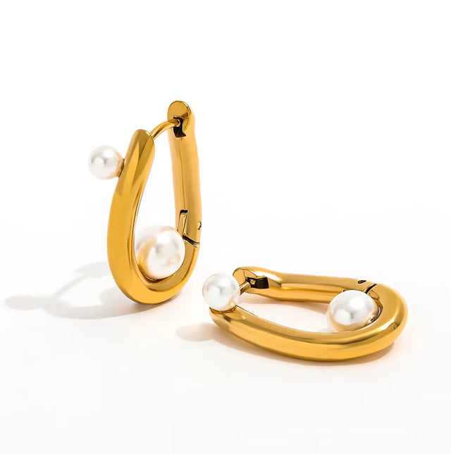 Joolim 18K Gold Plated Wholesale Waterproof Fashion Elegant Irregular U-Shaped Pearl Huggie Earring Stainless Steel Jewelry