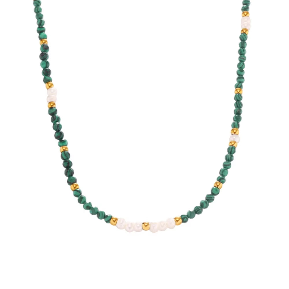Joolim 18K Gold Plated Malachite Freshwater Pearl Mixed Chain Stainless Steel Necklace Jewelry Wholesale