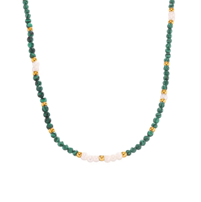 Joolim 18K Gold Plated Malachite Freshwater Pearl Mixed Chain Stainless Steel Necklace Jewelry Wholesale