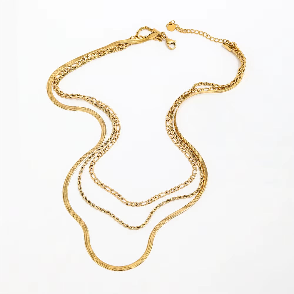 Joolim Jewelry Gold Plated Figaro Chain Rope Chain Snake Chain Three Layer Necklace Stainless Steel Jewelry Wholesale