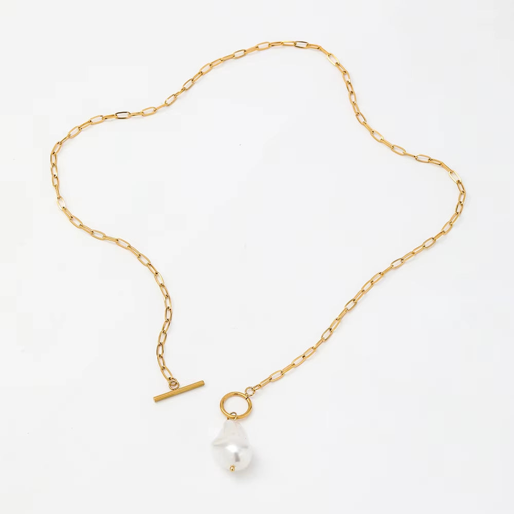 Joolim Jewelry 18K Gold Plated Shell Baroque Pearl Pendant Toggle Paper Pin Necklace Stainless Steel Jewelry