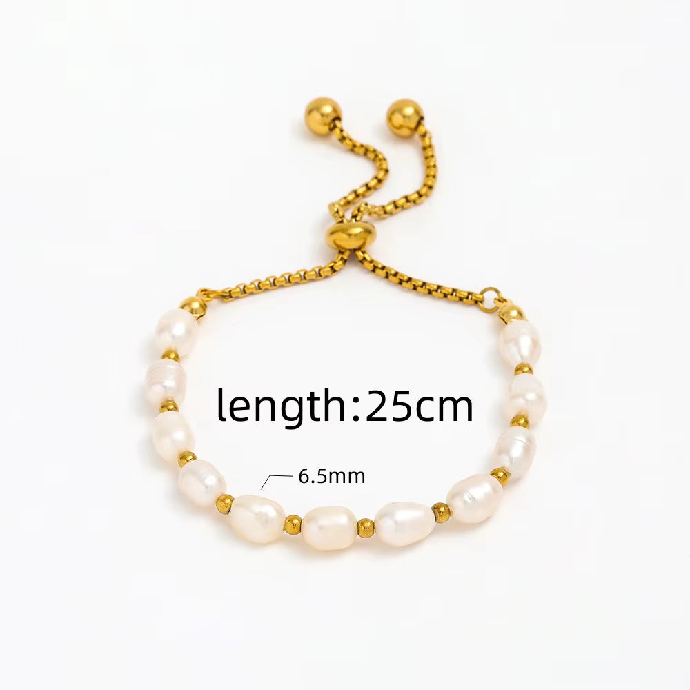 18K PVD Gold Plated Adjustable Real Fresh Water Pearl Adjustable Chain Stainless Steel Bracelet