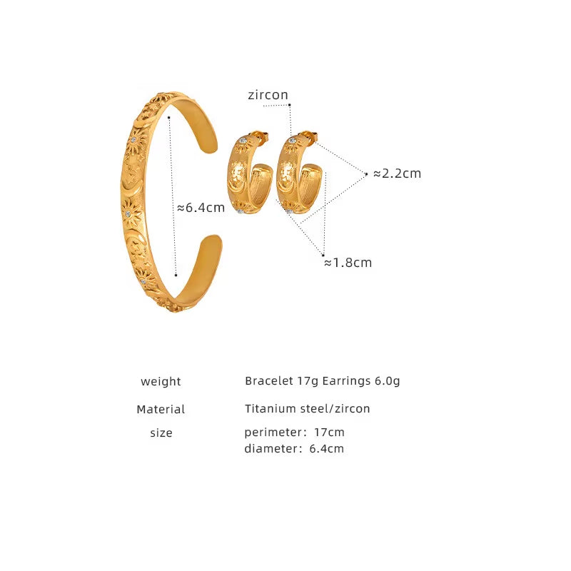 High End Gold Plated Stainless Steel Moon Star Relief Zirconia Cuff Bracelet for Women Wholesale Jewelry