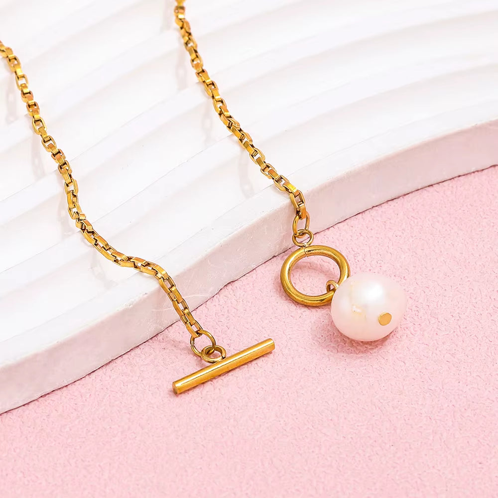 Joolim Jewelry 18K Gold Plated Fresh Water Pearl Pendant Toggle Chain Necklace Stainless Steel Jewelry