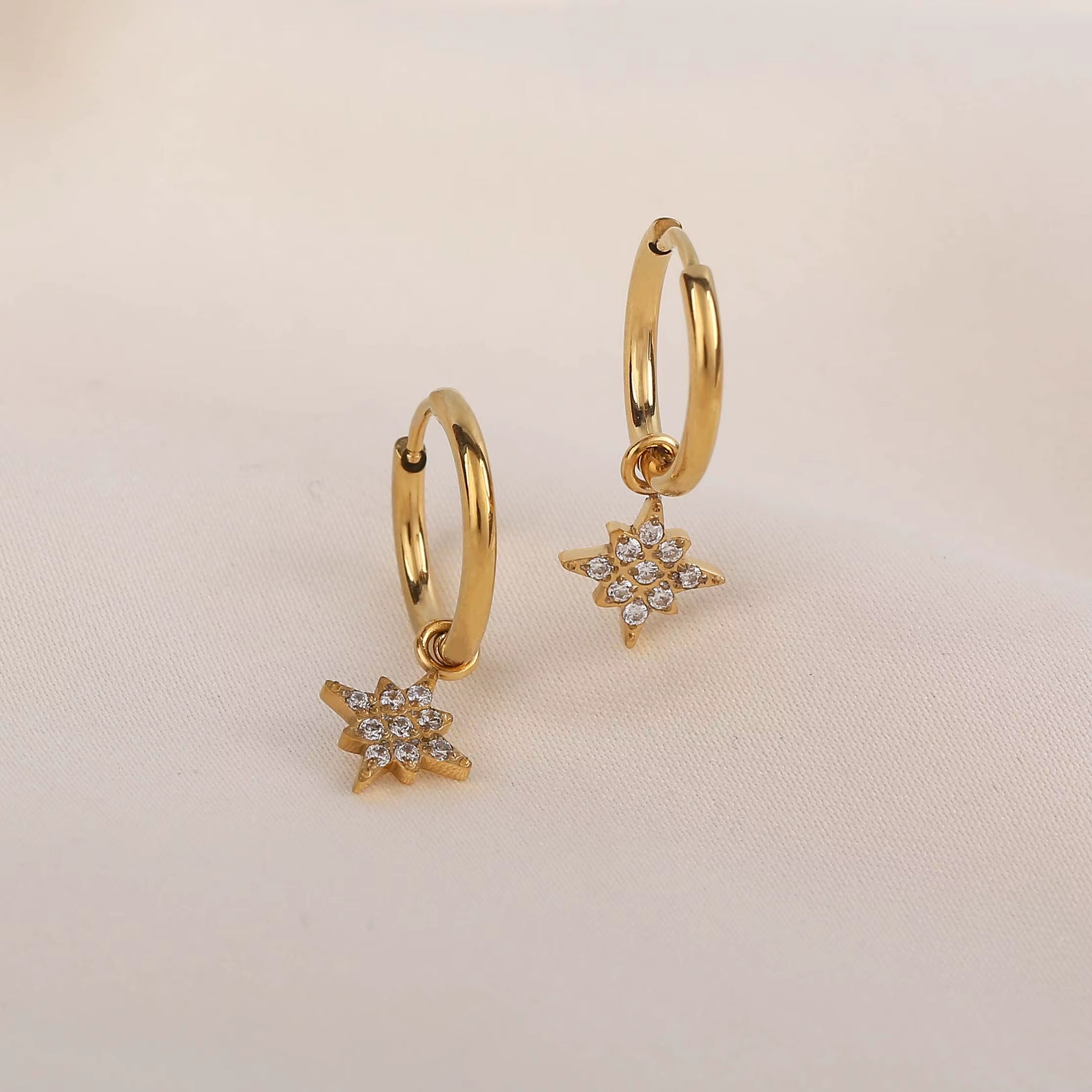 18K Pvd Dainty Elegant CNC Cubic Zirconia Pave Heart Waterdrop Starburst Cross Stainless Steel Hoop Earring Fine Jewelry