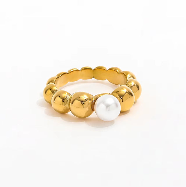 High End 18K Gold Plated One Pearl Bead Gradient Bubble Rings Stainless Steel Jewelry Trendy Finger Ring