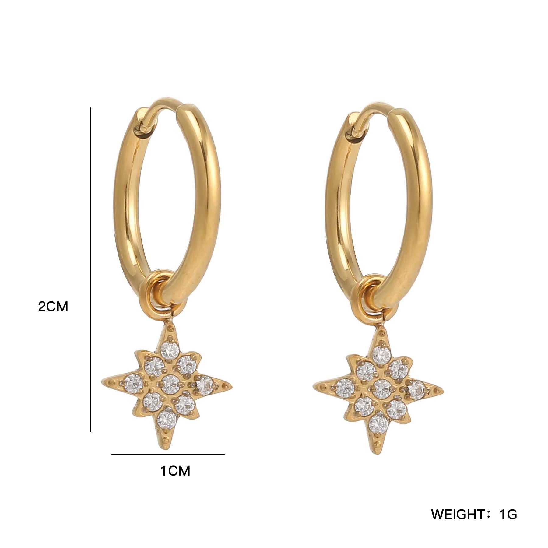 18K Pvd Dainty Elegant CNC Cubic Zirconia Pave Heart Waterdrop Starburst Cross Stainless Steel Hoop Earring Fine Jewelry