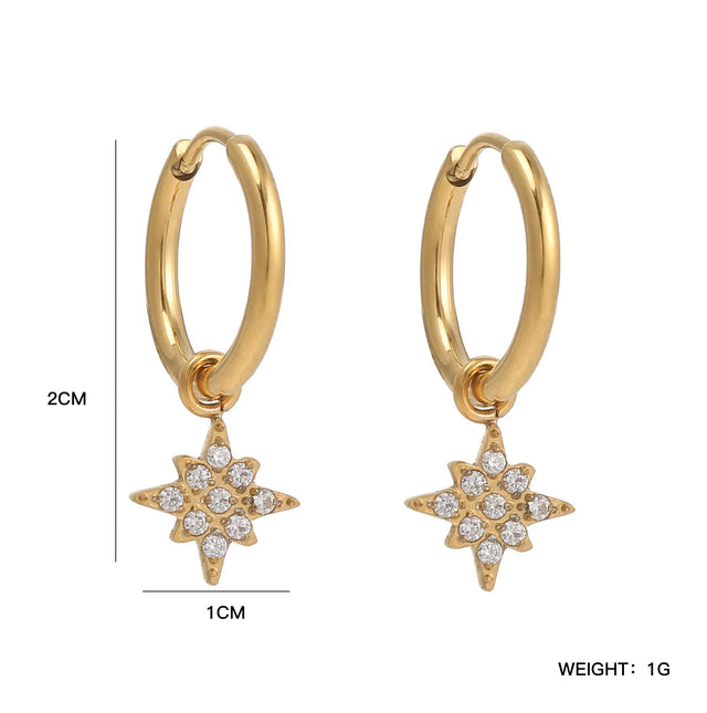 18K Pvd Dainty Elegant CNC Cubic Zirconia Pave Heart Waterdrop Starburst Cross Stainless Steel Hoop Earring Fine Jewelry