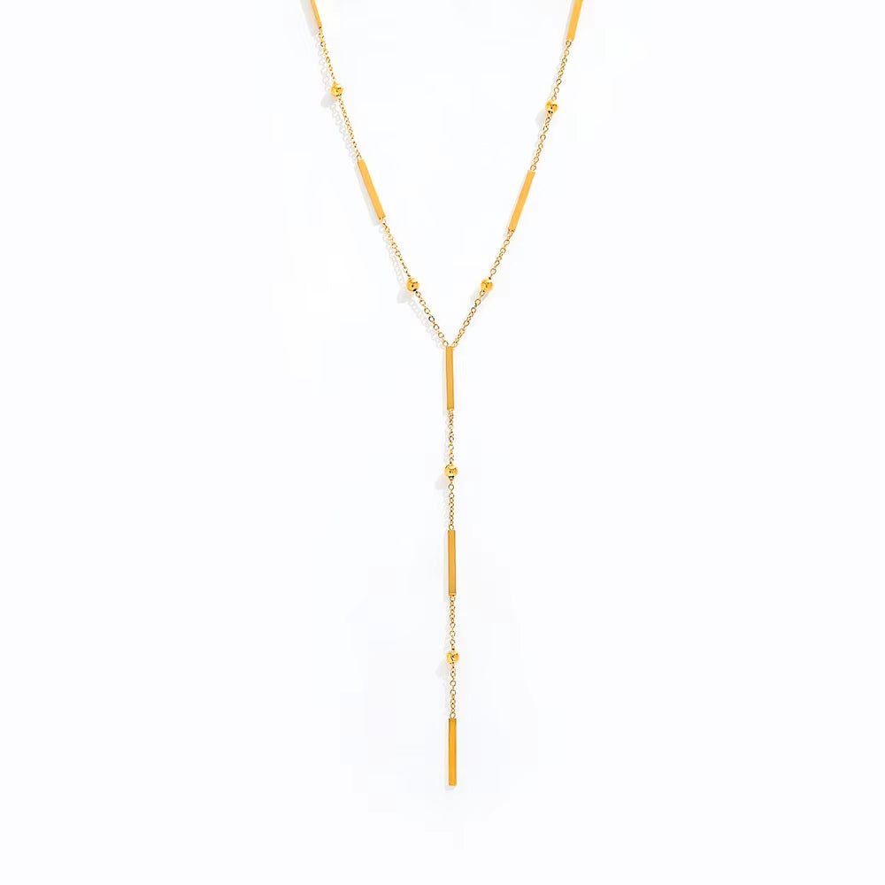 Joolim Jewelry Dainty Square Bar Bead Y Tassel Pendant Necklace 18K Gold Plated Stainless Steel Trendy Necklace
