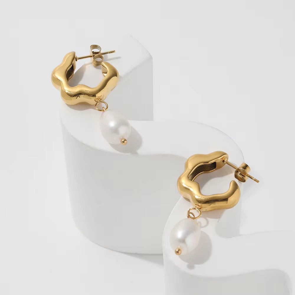 JOOLIM Jewelry PVD 18K Gold Plated Tarnish Free Flower Shape Freshwater Natural Pearl Drop Earring Stainless Steel Jewelry