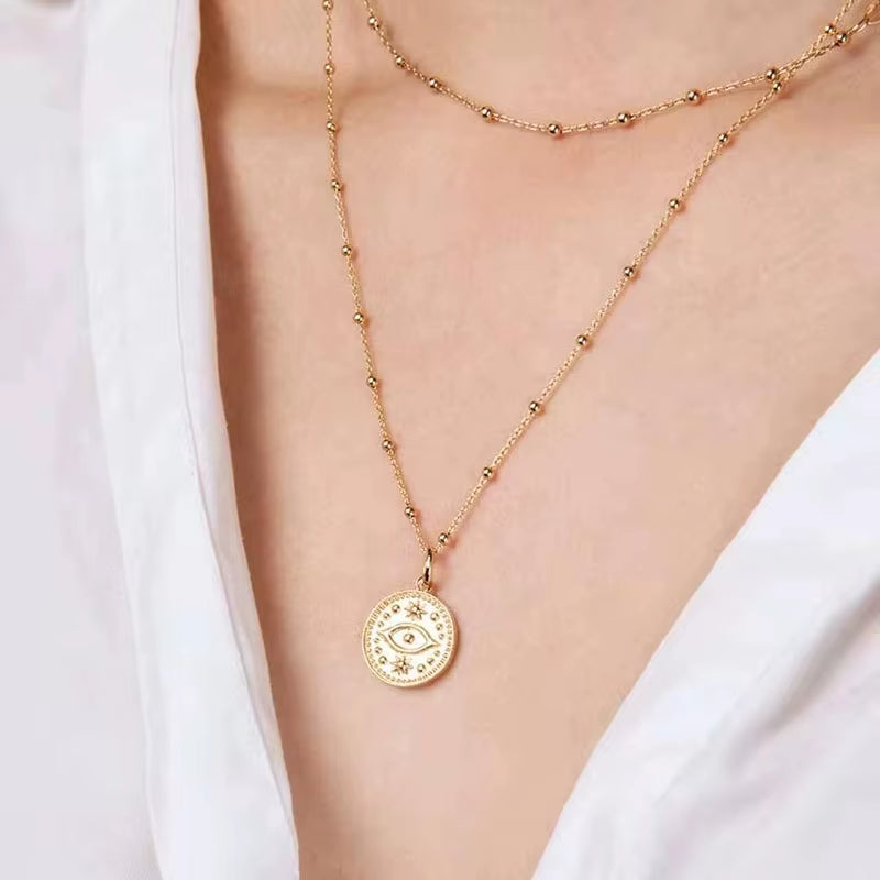 Joolim Jewelry 18K Gold Plated 2 Rows Eye Pendant Necklace Multi Layer Necklace Trendy Jewelry