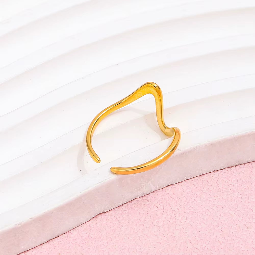 Joolim Jewelry Wholesale 18K Gold Plated Resizable Adjustable Dainty Waved Irregular Lines Stainless Steel Open Ring for Women