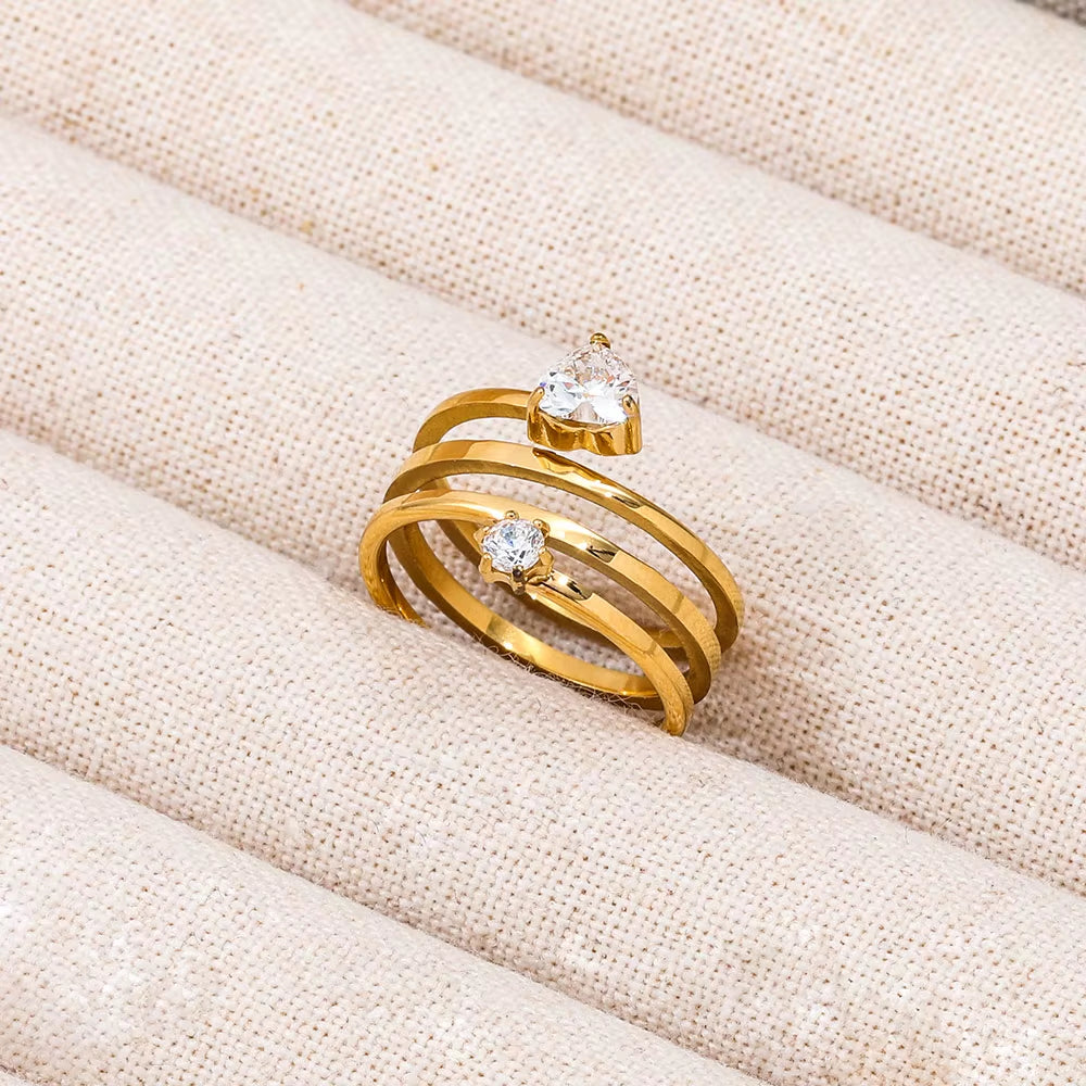 Joolim Jewelry Wholesale 18K Gold Plated Treble Spiral Stainless Steel Spring Wire Heart Zircon Ring Women'S Gift